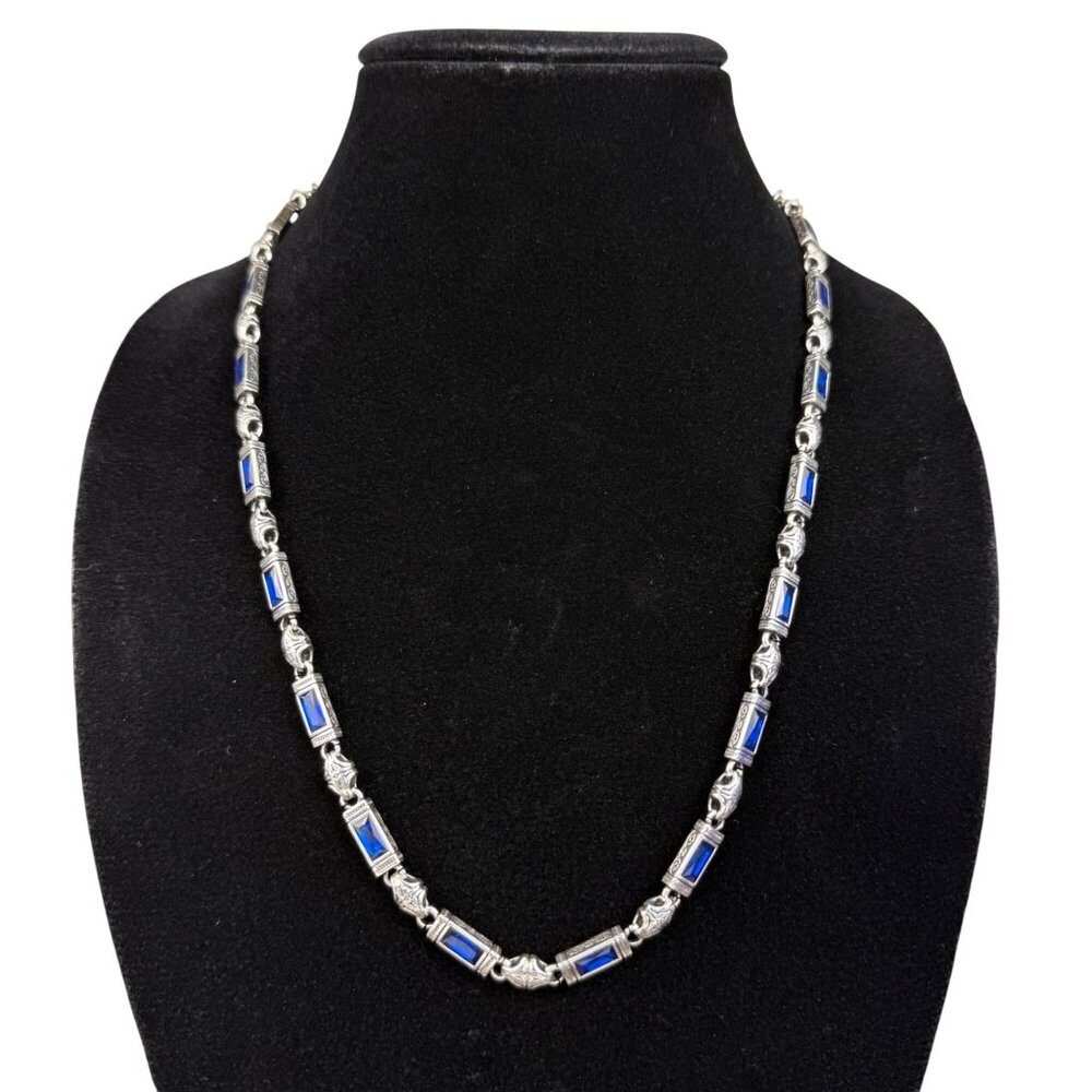 Sterling Silver Tone Womens Blue Gemstone Necklace Ornate Link Design